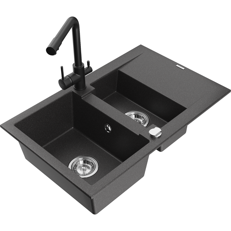 Mexen Gaspar évier en granit 1,5 bac avec égouttoir et robinet de cuisine Duero, noir moucheté - 6507-76-671600-70