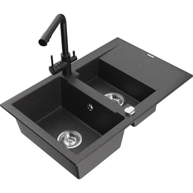 Mexen Gaspar granite sink 1.5-bowl with drainer and Duero kitchen tap, speckled black - 6507-76-671600-70