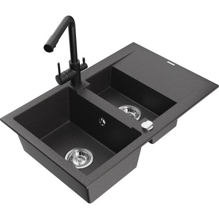 Mexen Gaspar 1,5 nodalījumu granīta izlietne ar noteci un Duero virtuves krānu, melns ar raibumiem - 6507-76-671600-70