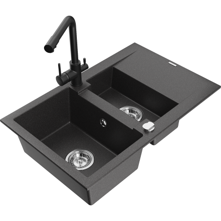 Mexen Gaspar granite sink 1.5-bowl with drainer and Duero kitchen tap, speckled black - 6507-76-671600-70