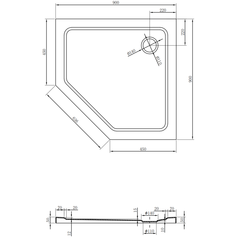 Mexen Flat brodzik pięciokątny slim 90 x 90 cm, czarny, syfon złoty - 41P709090-G