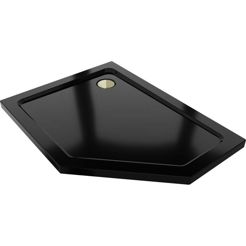 Mexen Flat slim femkantig duschbricka vänster 100 x 90 cm, svart, guld siphon - 41P709010L-G