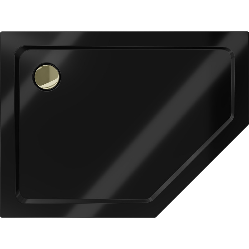 Mexen Flat vijfhoekige slanke douchebak links 100 x 90 cm, zwart, gouden sifon - 41P709010L-G