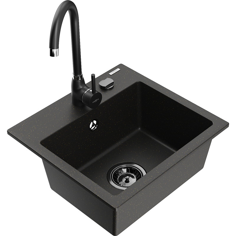 Mexen Milo granitische spoelbak 1-komorige met Telma keukenkraan, zwart/goud - 6505-75-670200-70-B