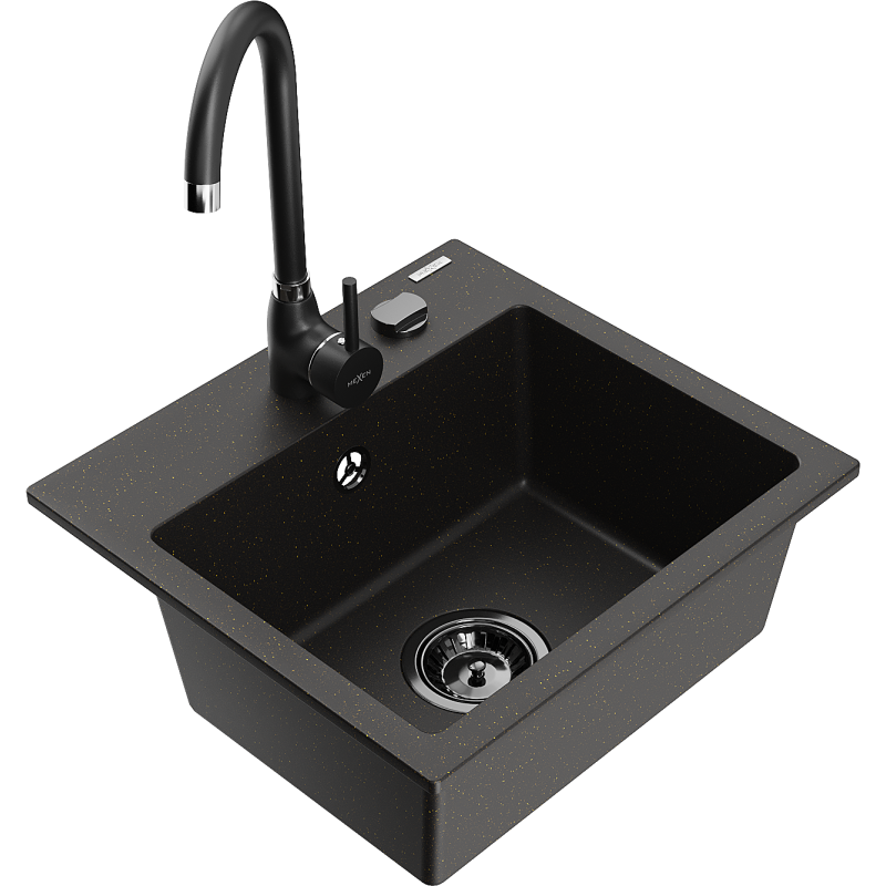 Mexen Milo lava-louça de granito de 1 cuba com torneira Telma, preto/dourado - 6505-75-670200-70-B
