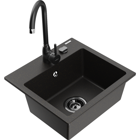 Mexen Milo granite sink 1-bowl with Telma kitchen tap, black/gold - 6505-75-670200-70-B