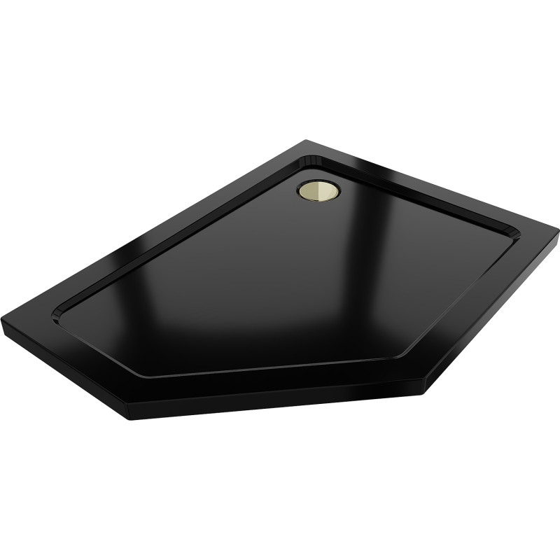 Mexen Flat vijfhoekige slanke douchebak rechts 100 x 90 cm, zwart, gouden sifon - 41P709010R-G