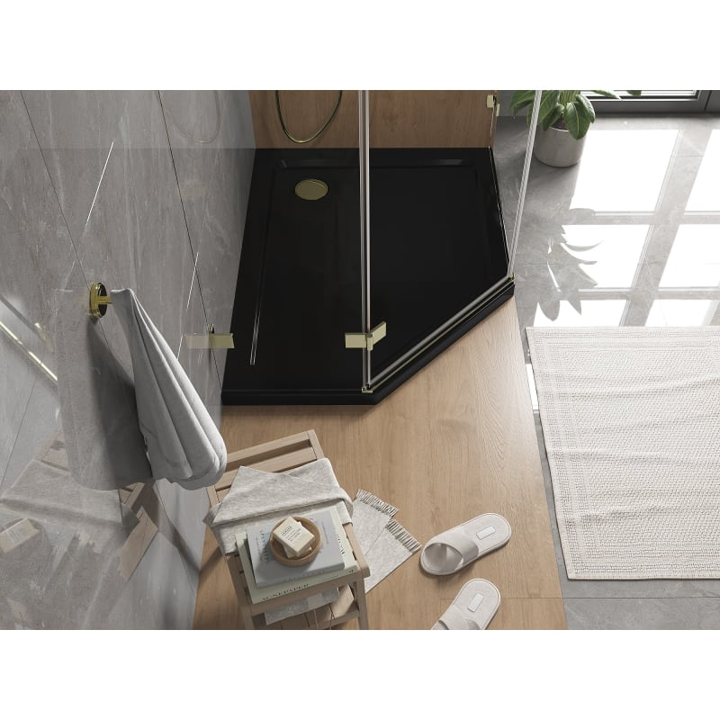 Mexen Flat Fünfeck-Duschwanne Slim rechts 100 x 90 cm, schwarz, goldener Siphon - 41P709010R-G