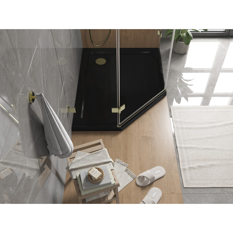 Mexen Flat vijfhoekige slanke douchebak rechts 100 x 90 cm, zwart, gouden sifon - 41P709010R-G