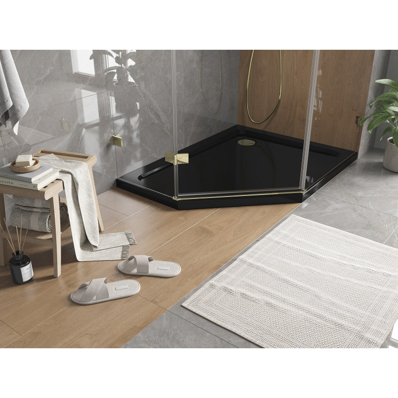 Mexen Flat brodzik pentagonal slim derecho 100 x 90 cm, negro, sifón dorado - 41P709010R-G