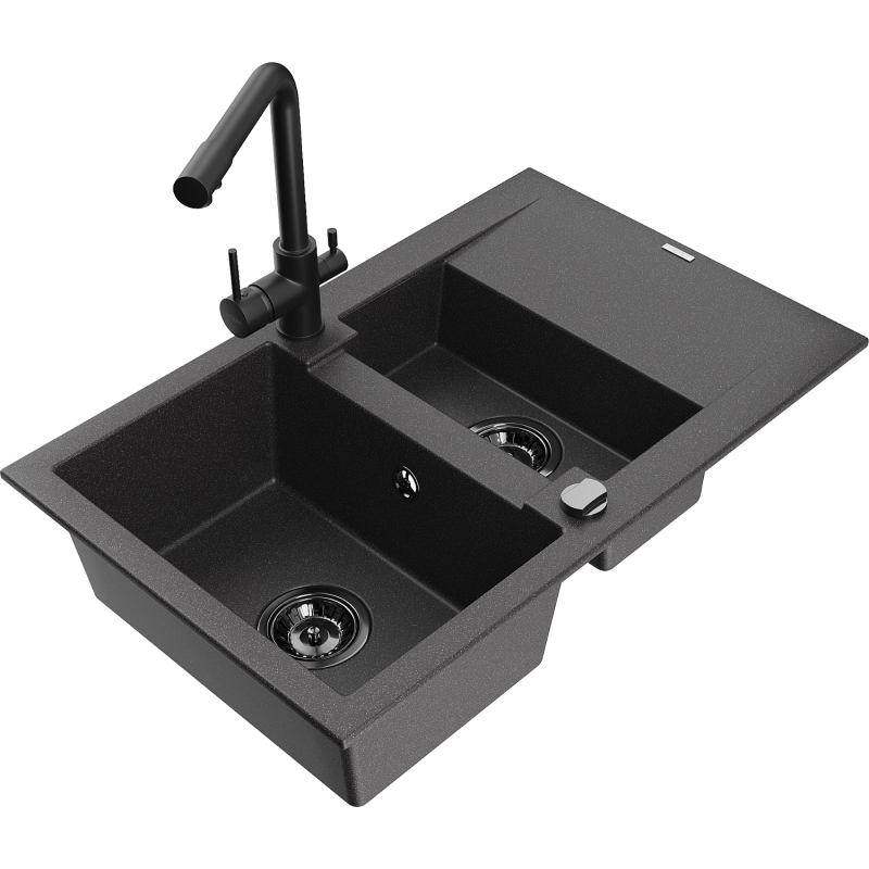 Mexen Gaspar fregadero de granito de 1,5 senos con escurridor y grifo de cocina Duero, negro con motas - 6507-76-671600-70-B