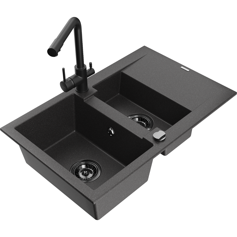 Mexen Gaspar granite sink 1.5-bowl with drainer and Duero kitchen tap, black speckled - 6507-76-671600-70-B