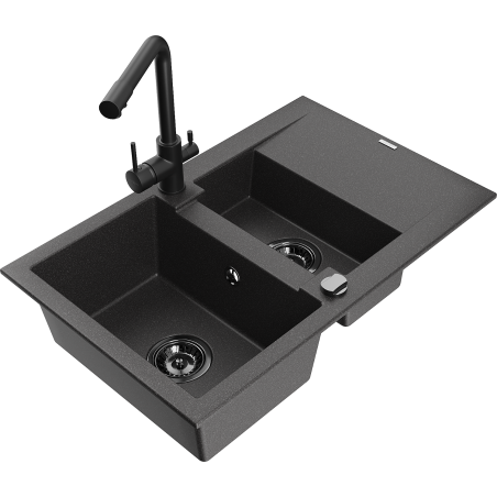 Mexen Gaspar granite sink 1.5-bowl with drainer and Duero kitchen tap, black speckled - 6507-76-671600-70-B