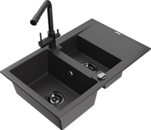 Mexen Gaspar granite sink 1.5-bowl with drainer and Duero kitchen faucet, black speckled - 6507-76-671600-70-B