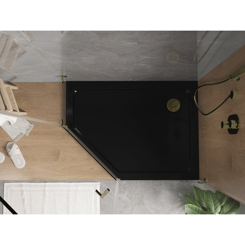 Mexen Flat Fünfeck-Duschwanne Slim rechts 100 x 90 cm, schwarz, goldener Siphon - 41P709010R-G