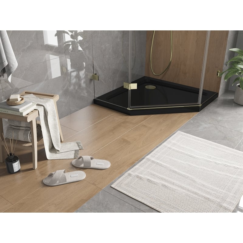 Mexen Flat base de duche pentagonal slim 100 x 100 cm, preta, sifão dourado - 41P701010-G