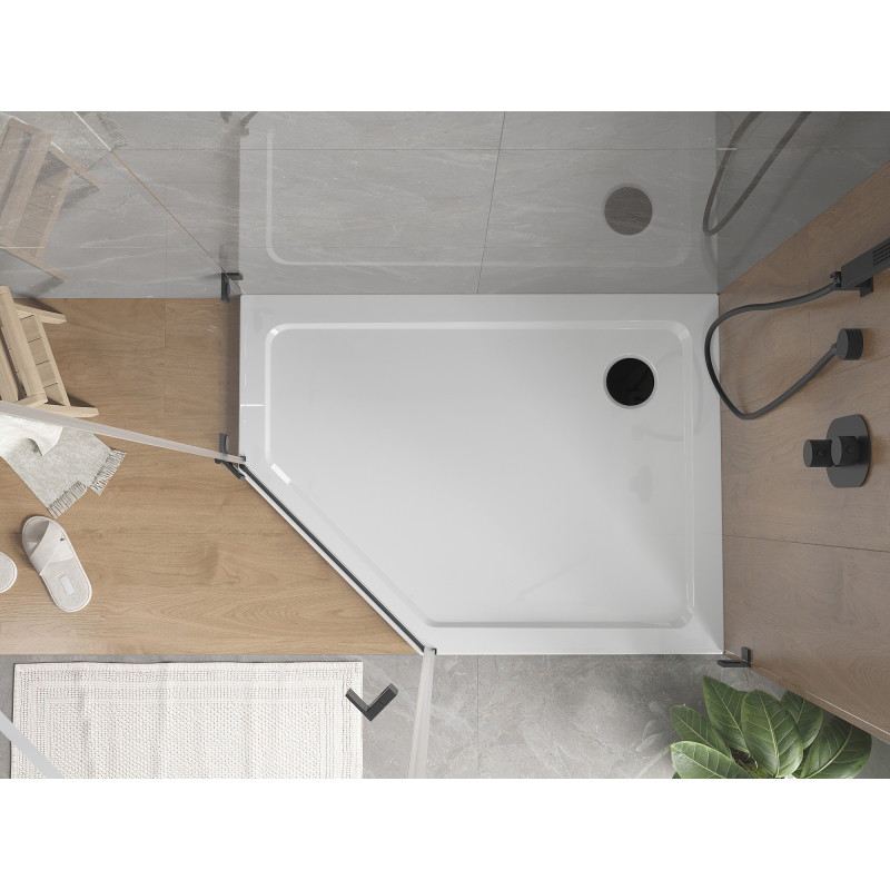 Mexen Flat receveur de douche pentagonal slim droit 90 x 80 cm, blanc, siphon noir - 41P108090R-B