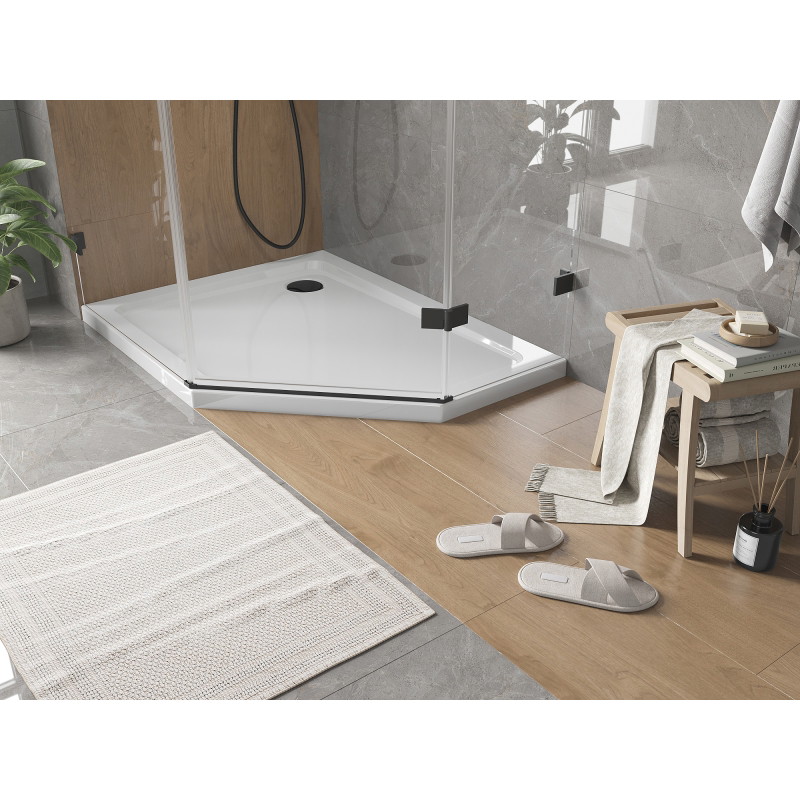 Mexen Flat receveur de douche pentagonal slim gauche 100 x 90 cm, blanc, siphon noir - 41P109010L-B