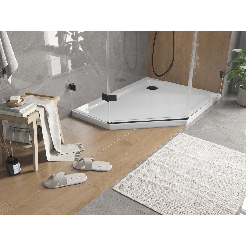 Mexen Flat receveur de douche pentagonal slim droit 100 x 90 cm, blanc, siphon noir - 41P109010R-B