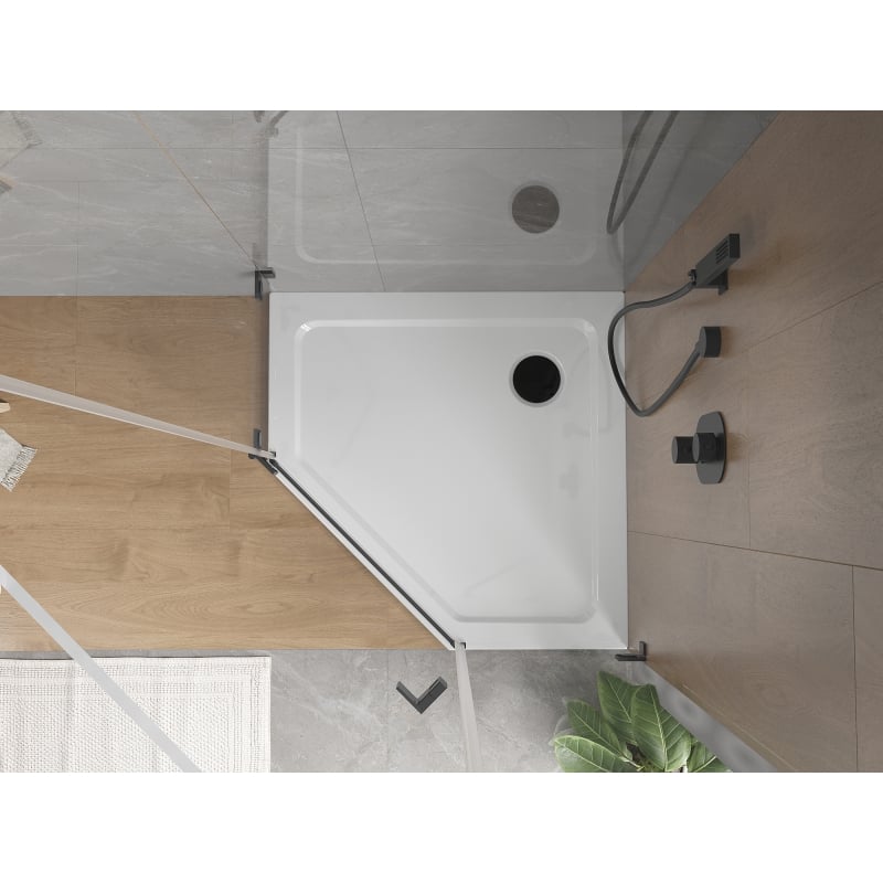 Mexen Flat femkantig duschkabin slim 100 x 100 cm, vit, svart avloppssats - 41P101010-B