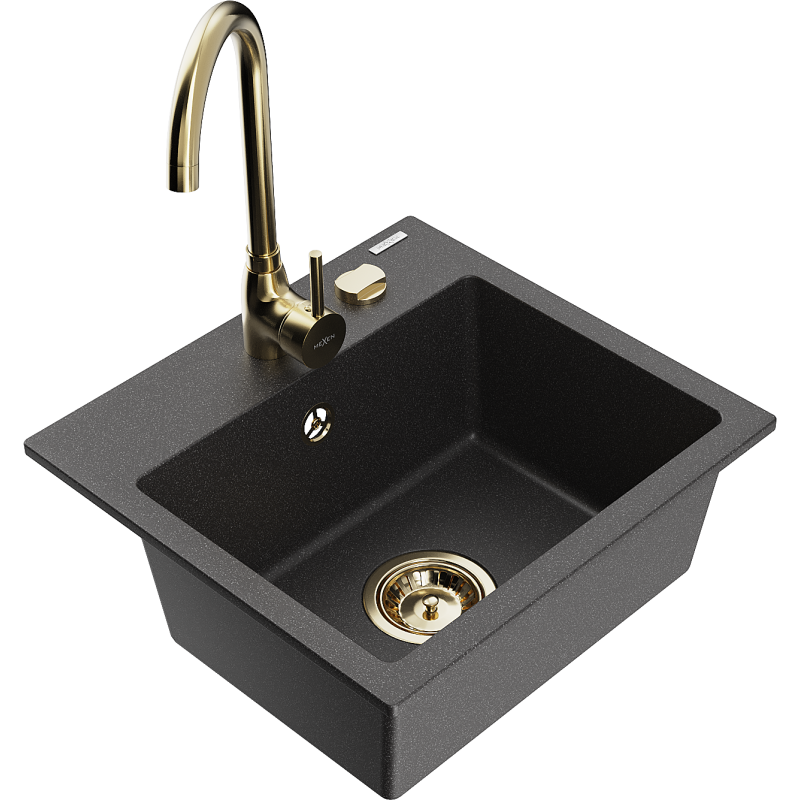 Mexen Milo fregadero de granito de 1 cubeta con grifo de cocina Telma, negro moteado - 6505-76-670200-50