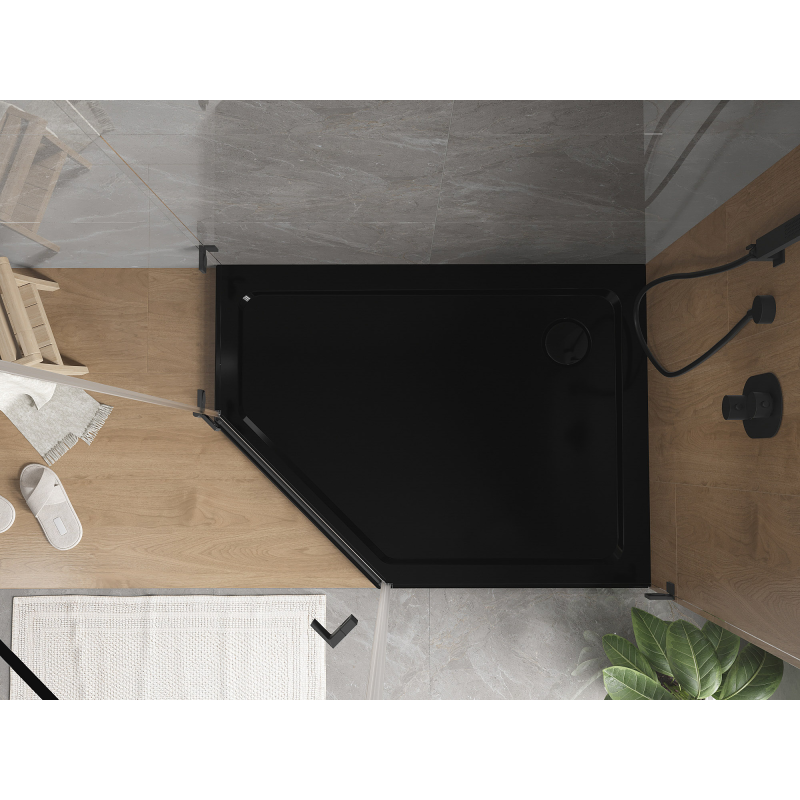 Mexen Flat brodzik pięciokątny slim prawy 90 x 80 cm, czarny, syfon czarny - 41P708090R-B