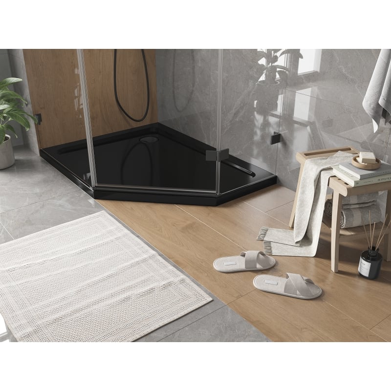 Mexen Flat plato de ducha pentagonal slim izquierdo 100 x 80 cm, negro, sifón negro - 41P708010L-B