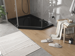 Mexen Flat pentagonal slim shower tray left 100 x 80 cm, black, black siphon - 41P708010L-B