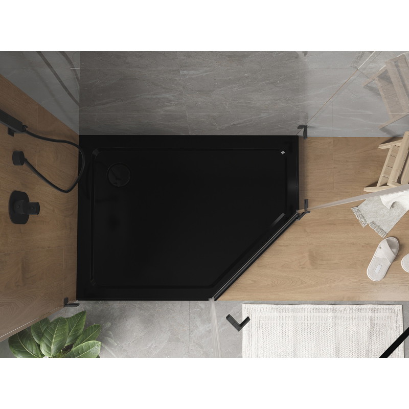 Mexen Flat pentagonalduschslim vänster 100 x 90 cm, svart, svart sifon - 41P709010L-B
