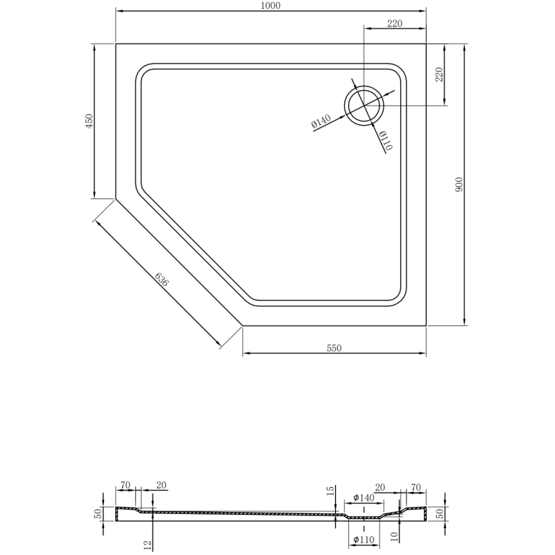 Mexen Flat brodzik pięciokątny slim prawy 100 x 90 cm, czarny, syfon czarny - 41P709010R-B
