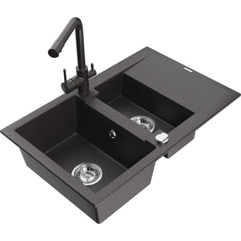 Mexen Gaspar fregadero de granito 1,5 senos con escurridor y grifo de cocina Duero, negro moteado - 6507-76-671600-76