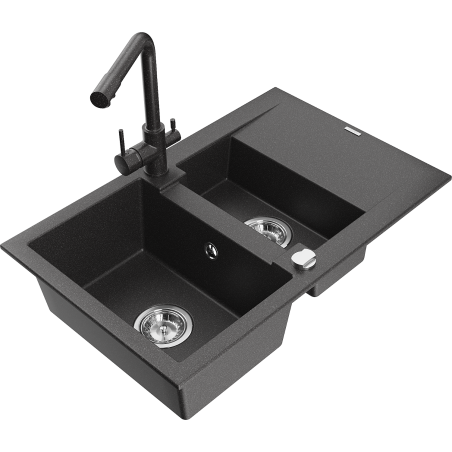 Mexen Gaspar fregadero de granito 1,5 senos con escurridor y grifo de cocina Duero, negro moteado - 6507-76-671600-76