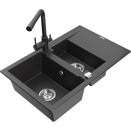 Mexen Gaspar granitē izlietne ar 1,5 nodalījumiem, noteces vietu un virtuves jaucējkrānu Duero, melna ar raibu rakstu