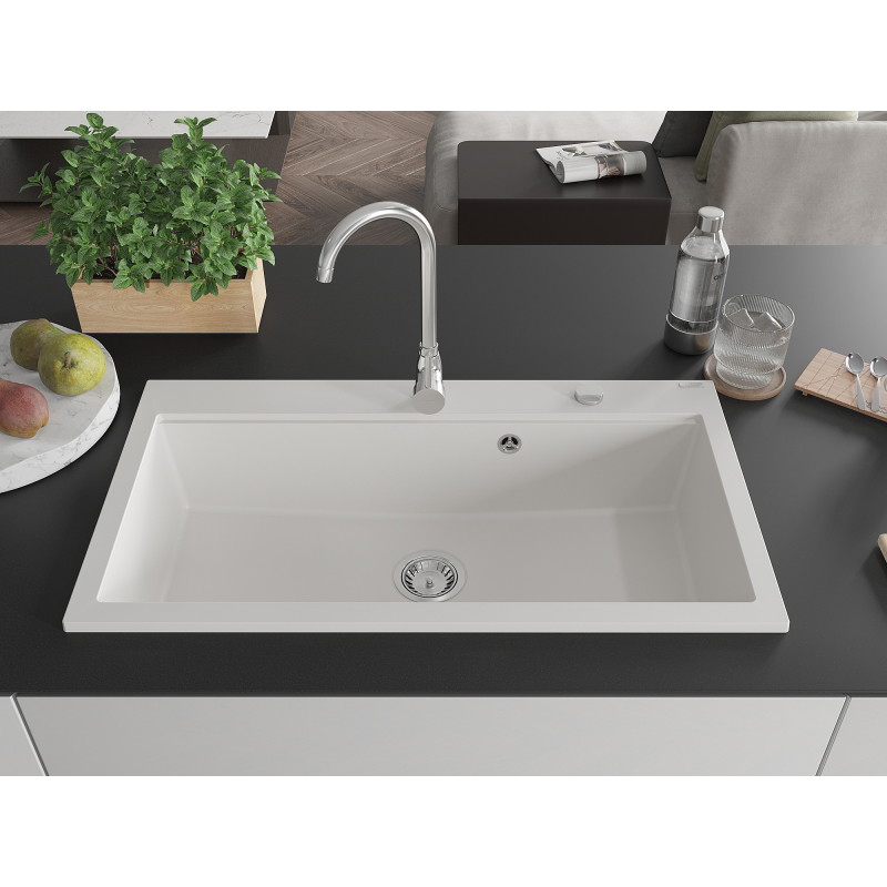 Mexen Slido Granitspüle mit 1 Becken, 900 x 500 mm, weiß, verchromter Siphon - 6528901005-20