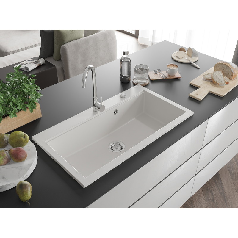 Mexen Slido Granitspüle mit 1 Becken, 900 x 500 mm, weiß, verchromter Siphon - 6528901005-20