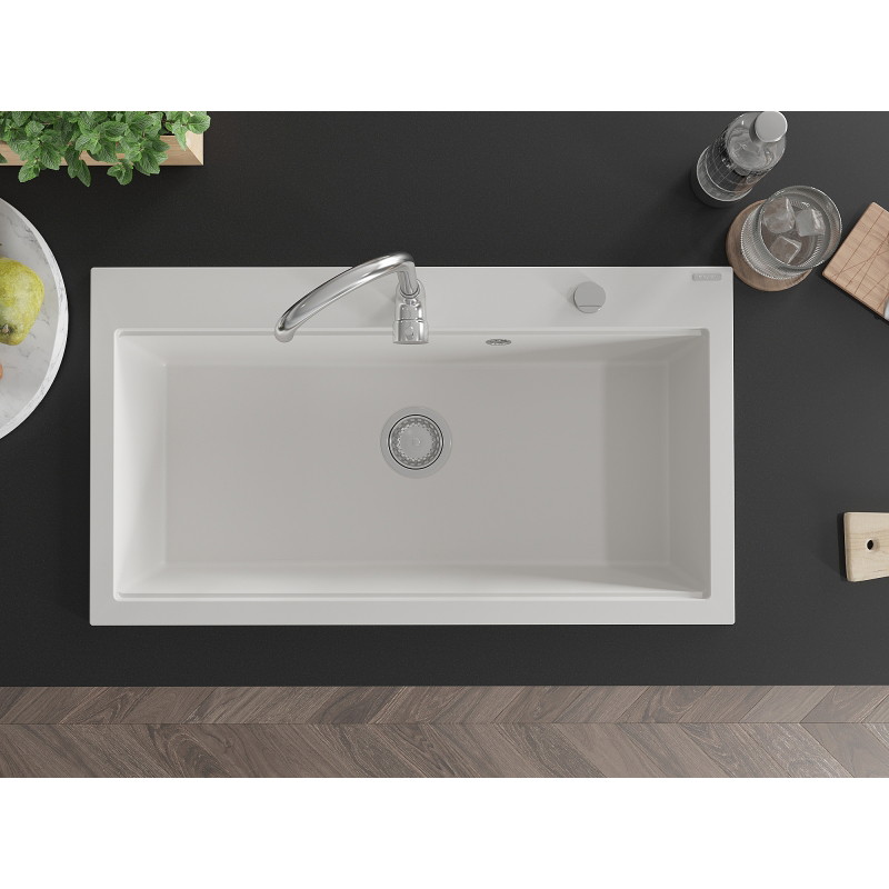 Mexen Slido Granitspüle mit 1 Becken, 900 x 500 mm, weiß, verchromter Siphon - 6528901005-20
