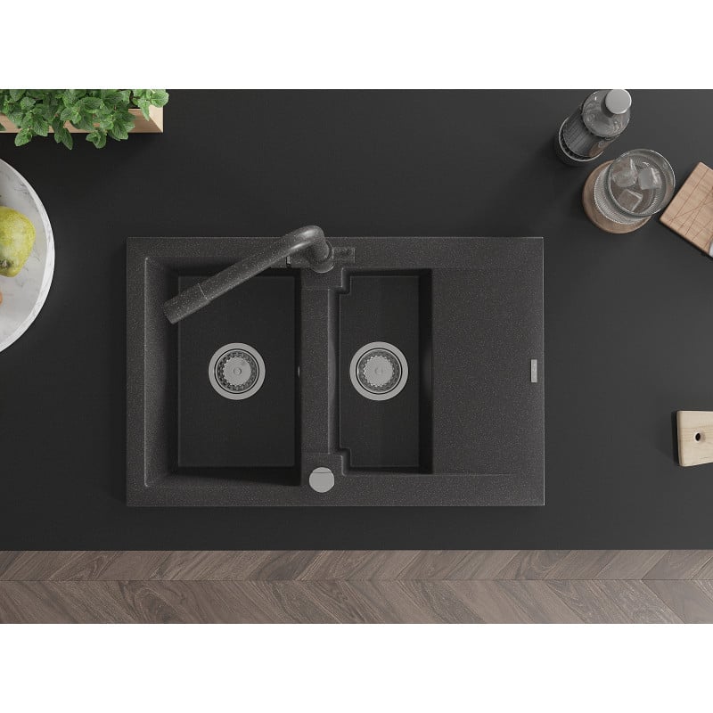 Mexen Gaspar fregadero de granito 1,5 senos con escurridor y grifo de cocina Duero, negro moteado - 6507-76-671600-76