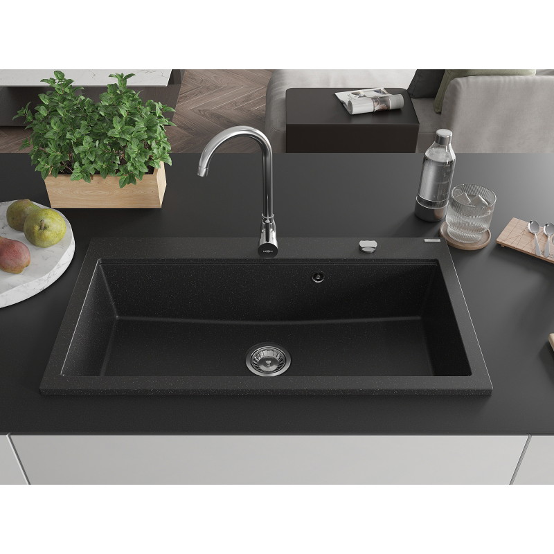 Mexen Slido lava-louça de granito de 1 cuba 900 x 500 mm, preto/metalizado prateado, sifão cromado - 6528901005-73
