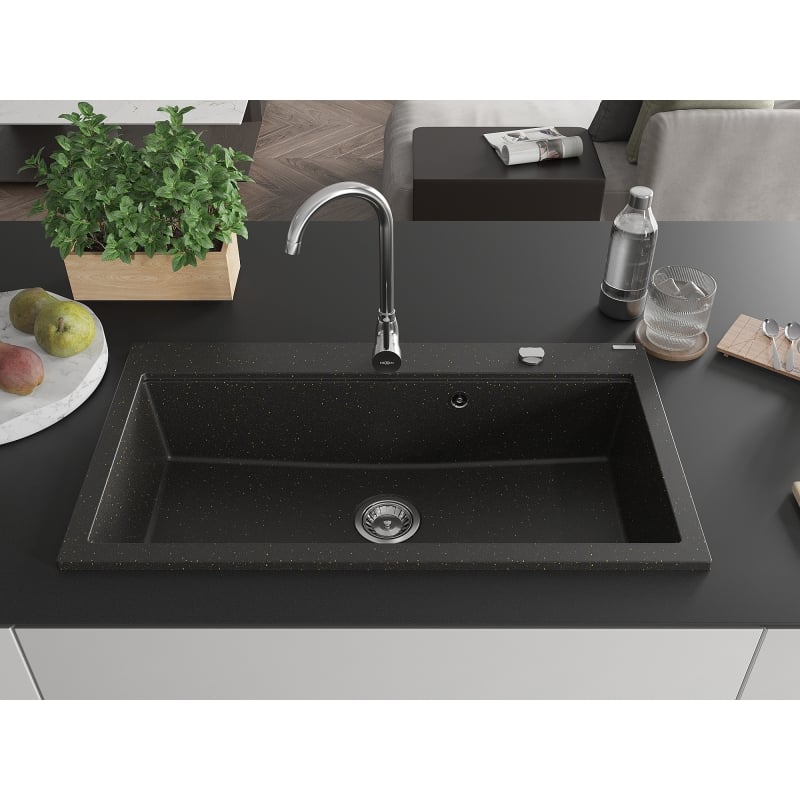 Mexen Slido graniittinen yksialtainen pesuallas 900 x 500 mm, musta/kulta metalli, kromi sifoni - 6528901005-75
