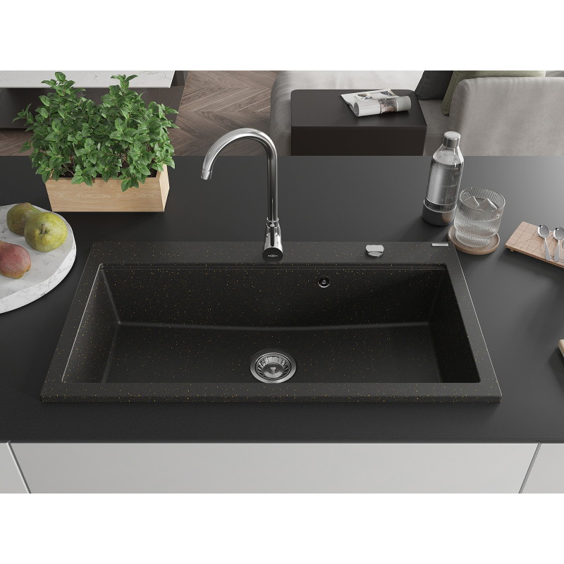 Mexen Slido Granitspüle mit 1 Becken 900 x 500 mm, Schwarz/Metallic-Gold, Chrom-Siphon - 6528901005-75