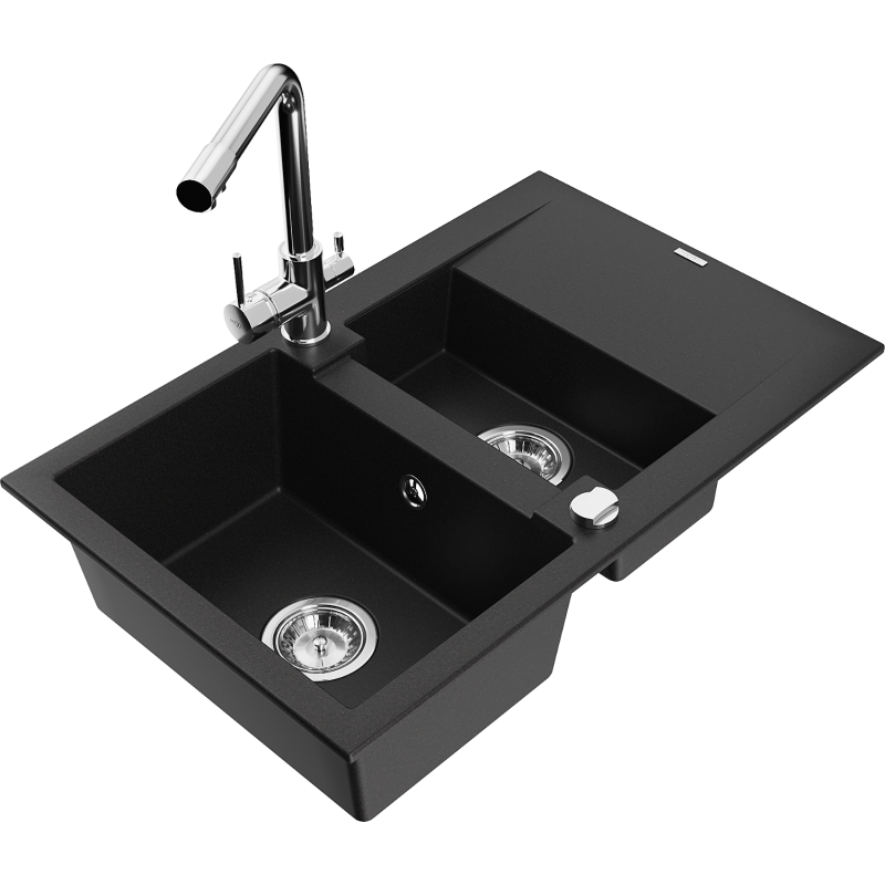 Mexen Gaspar fregadero de granito 1,5 tazones con escurridor y grifo de cocina Duero, negro - 6507-77-671600-00