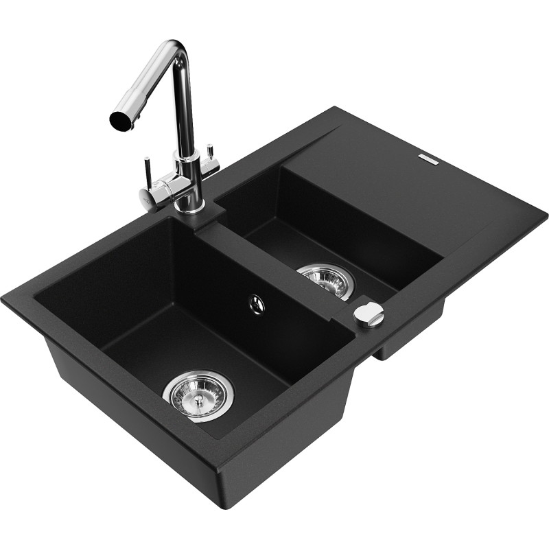 Mexen Gaspar fregadero de granito de 1,5 cubetas con escurridor y grifo de cocina Duero, negro - 6507-77-671600-00