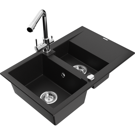 Mexen Gaspar fregadero de granito 1,5 tazones con escurridor y grifo de cocina Duero, negro - 6507-77-671600-00