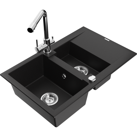 Mexen Gaspar granite sink 1.5-bowl with drainer and Duero kitchen tap, black - 6507-77-671600-00