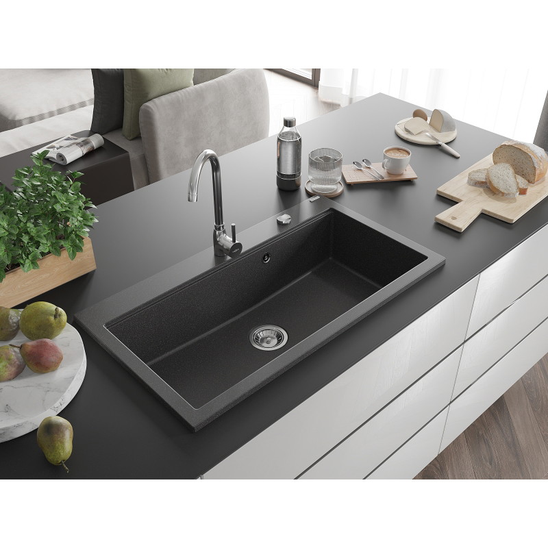 Mexen Slido Granitspüle 1-beckig 900 x 500 mm, schwarz gesprenkelt, Chrom-Siphon - 6528901005-75 - 6528901005-76