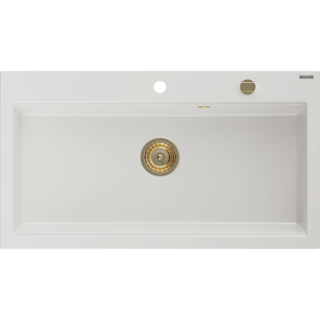 Mexen Slido fregadero de granito de 1 seno, 900 x 500 mm, blanco, sifón dorado - 6528901005-20-G
