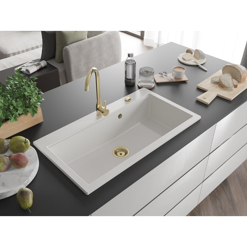 Mexen Slido enokomorni granitni pomivalnik 900 x 500 mm, bel, zlati sifon - 6528901005-20-G