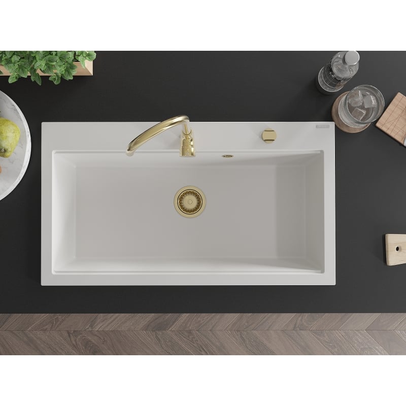 Mexen Slido évier en granit 1 bac 900 x 500 mm, blanc, siphon doré - 6528901005-20-G