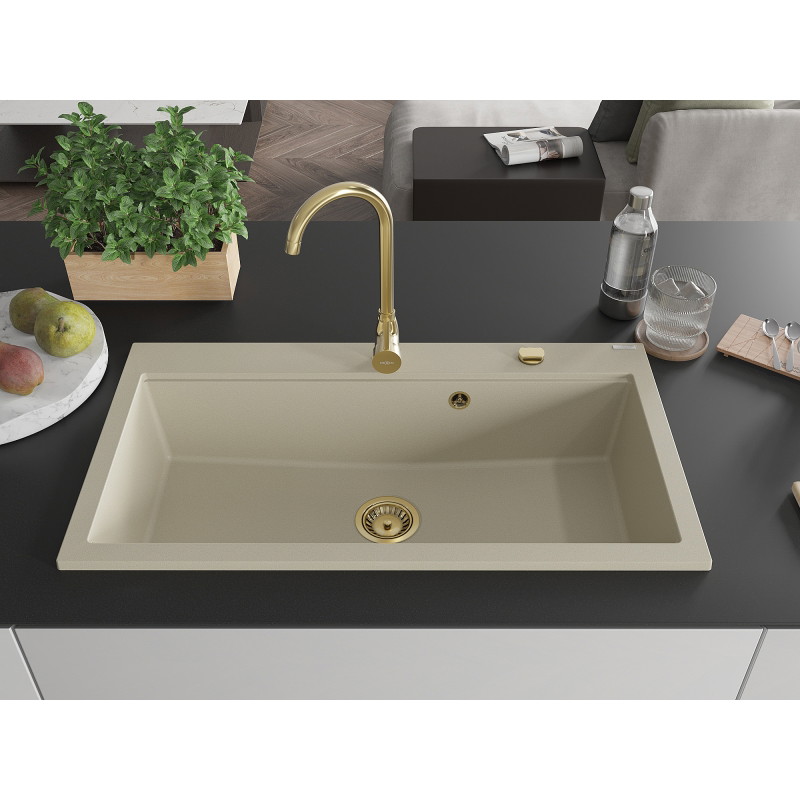 Mexen Slido Granitspüle mit 1 Becken, 900 x 500 mm, beige, goldener Siphon - 6528901005-69-G