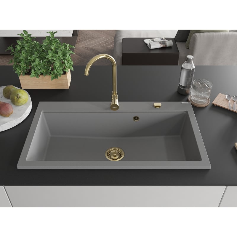 Mexen Slido granitno pomivalno korito z eno komoro 900 x 500 mm, sivo, zlat sifon - 6528901005-71-G